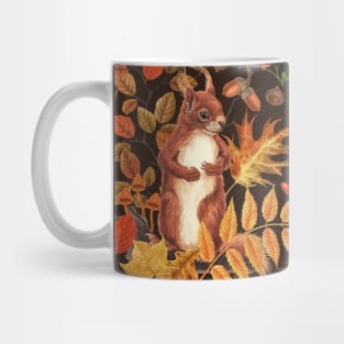 Autumn squirrels and autumnal flora on dark brown Mug